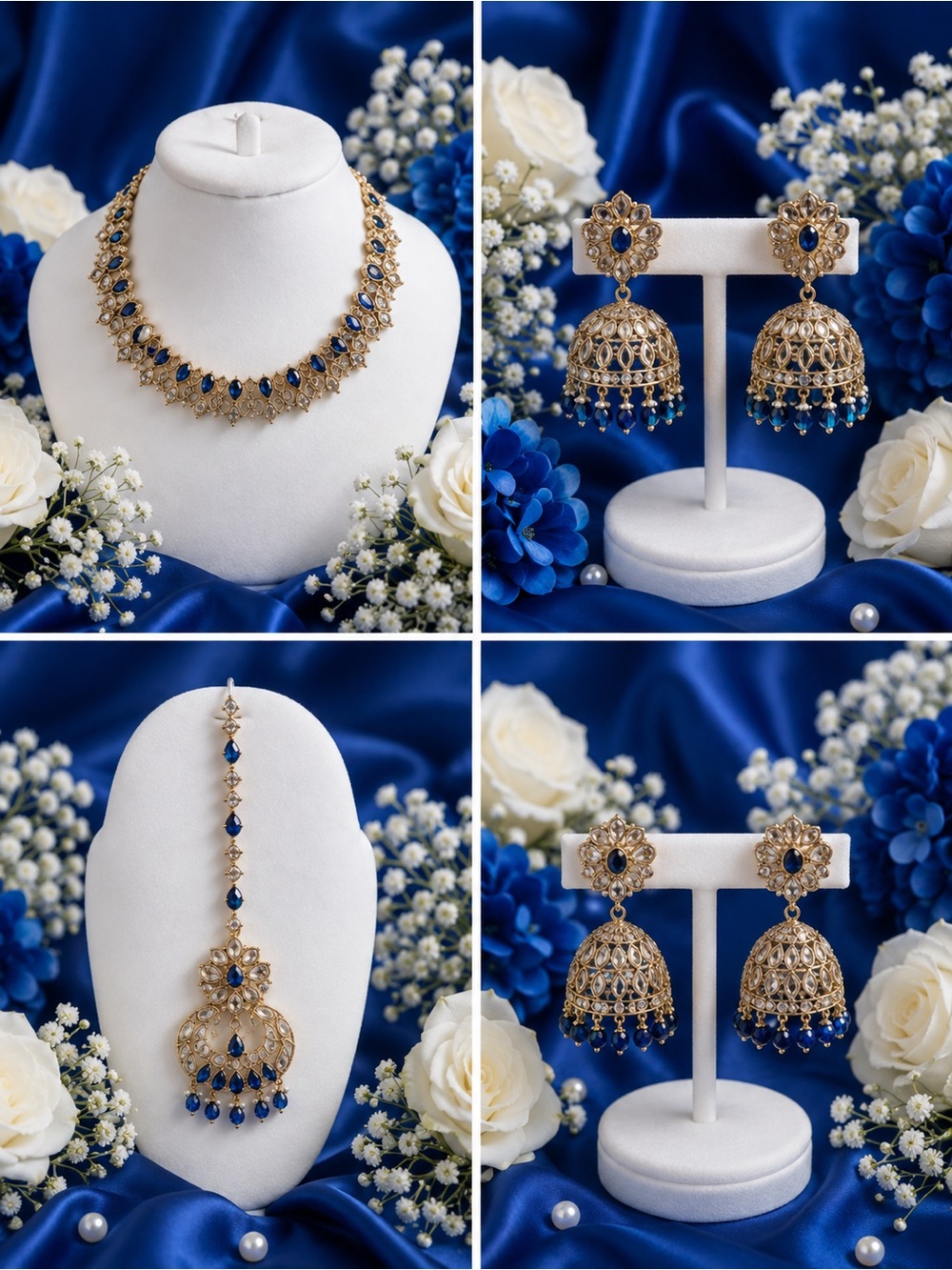 Royal Blue and Gold Jadau Necklace Set with Jhumka Earrings - Women Jewelry